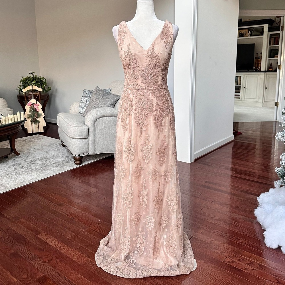 David Meister Beige Tan Polka Dot Plunge Neck Floral Embroidered Gown Dress